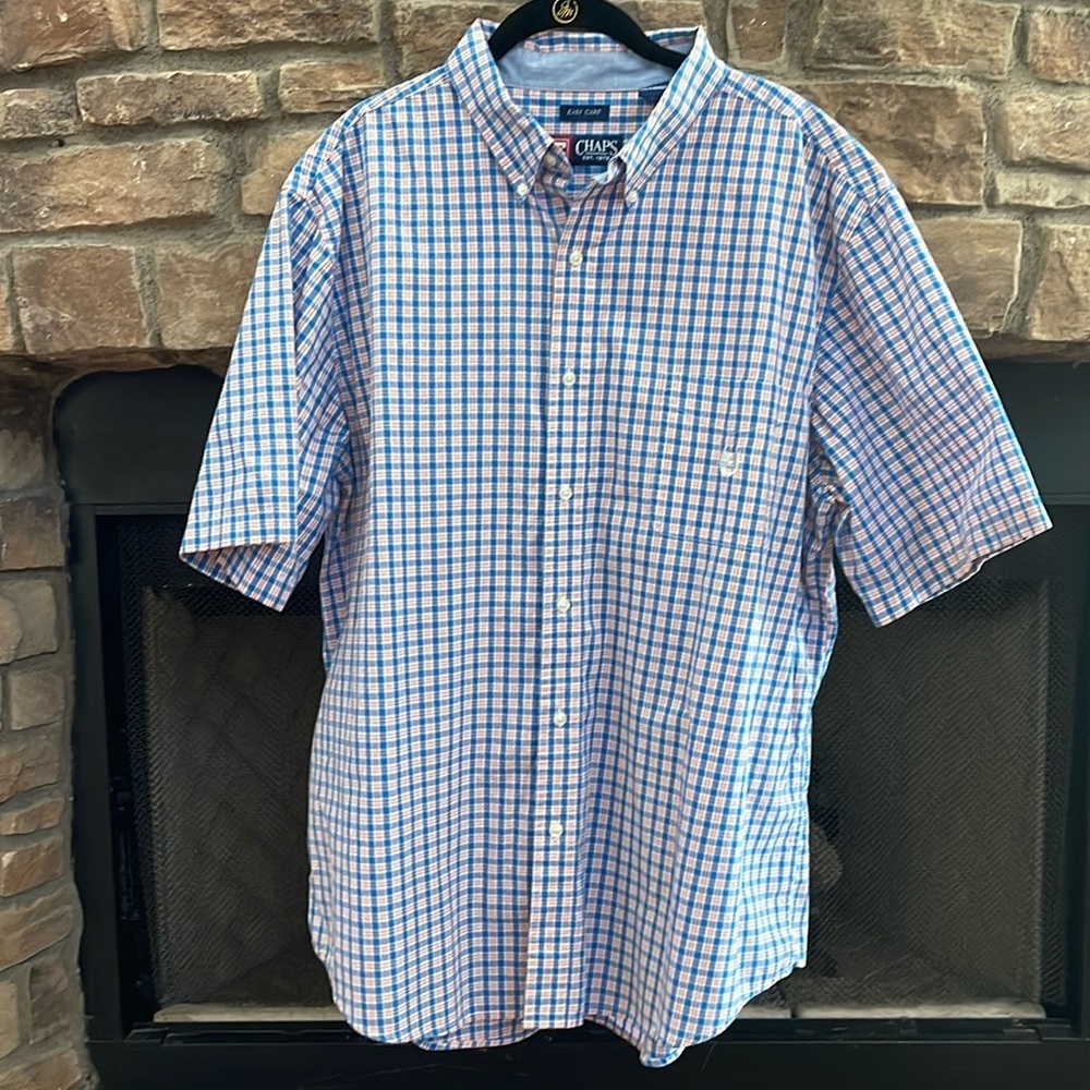 Chaps blue, orange and white plaid button down shirt. Size XXL
